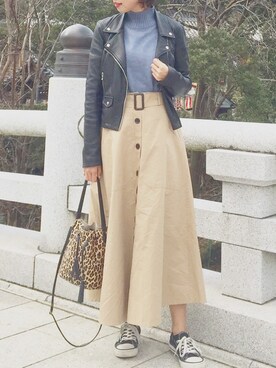 「トレンチスカート」｜「アイテム（ライダースジャケット）」を使った、iori0319さん（レディース・161cm）の冬コーディネート