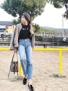 「AZUL by moussy（アズールバイマウジー）のｶｯﾄｵﾌﾎﾞｰｲﾌｨｯﾄﾃﾞﾆﾑﾊﾟﾝﾂ（デニムパンツ）」を使った、iori0319さん（レディース・161cm）の秋コーディネート