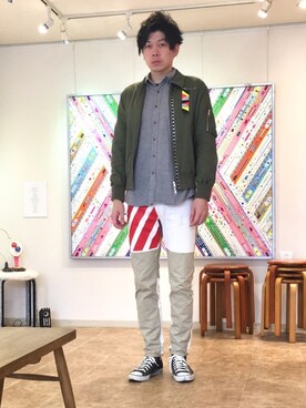 「フランネルシャツ」｜「アイテム（ミリタリージャケット）」を使った、中瀬敦さん（メンズ・188cm）の秋コーディネート