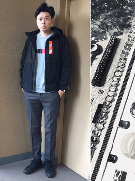 「Q&Q（キューアンドキュー）のアイテム」を使った、中瀬敦さん（メンズ・188cm）の冬コーディネート