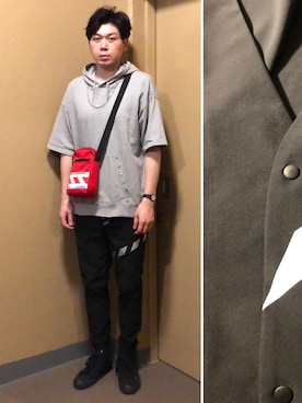 「FILA（フィラ）のアイテム（バッグ）」を使った、中瀬敦さん（メンズ・188cm）の春コーディネート