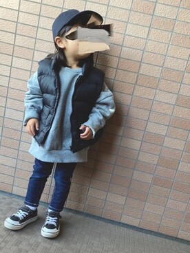 「FRUIT OF THE LOOM（フルーツオブザルーム）のアイテム（スウェット）」を使った、aoaoさん（キッズ・90cm）の冬コーディネート