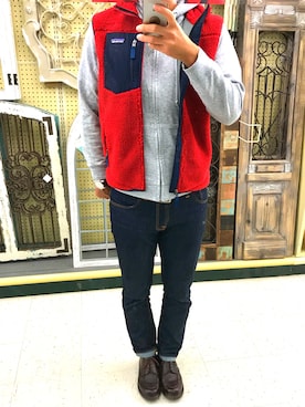 patagonia ダウンベスト グレー/レッド patagoniaのベスト（レッド系）を使った人気ファッション