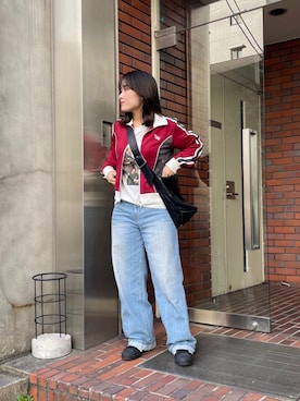 「アイテム（ジャージ、レッド系）」を使った、yoneqanさん（レディース・156cm）の秋コーディネート