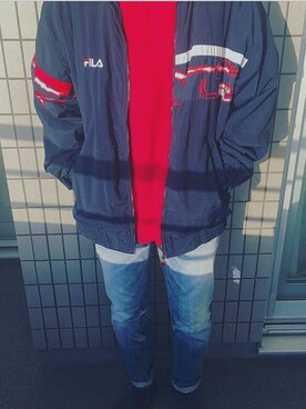 「FILA（フィラ）のアイテム（ナイロンジャケット）」を使った、れんとあつしさん（メンズ・170cm）の春コーディネート