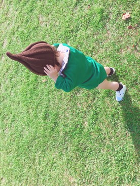 「アイテム（ロンパース、グリーン系）」を使った、Rさん（キッズ・70cm）の秋コーディネート