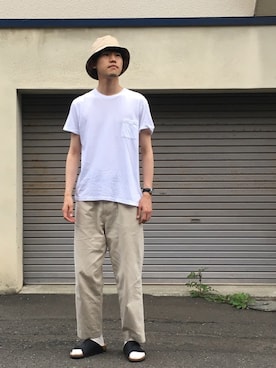 「無印良品（ムジルシリョウヒン）のアイテム（ハット）」を使った、UTさん（メンズ・186cm）の夏コーディネート