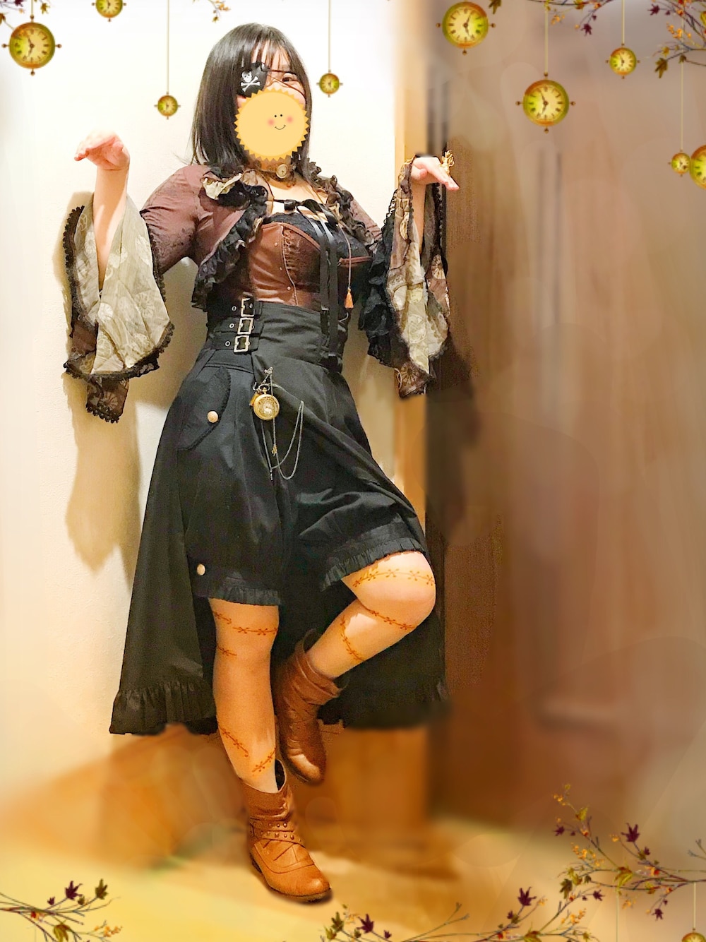 「wearhalloween2017、秋コーデ、クラシカル、レトロ、海賊、スチームパンク、ブーツ、カーディガン、ブラウン、ブラック」｜「h.NAOTOのアイテム（カーディガン/ボレロ、ブラウン系）」を使った、はねはねさん（レディース・162cm）の秋コーディネートの1枚目の写真