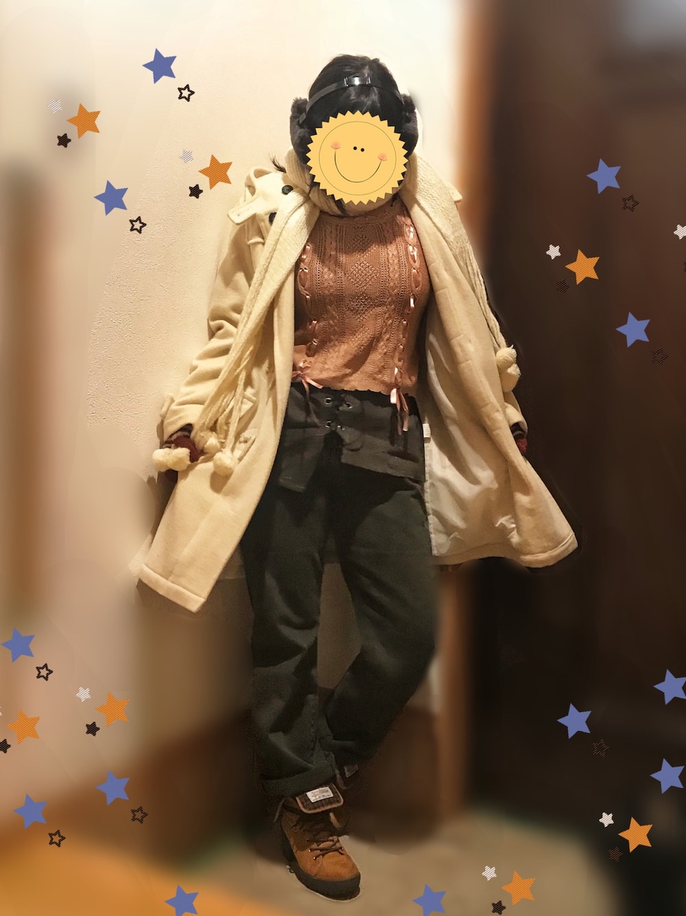 「大晦日、冬、ダッフルコート、ニット、プチプラ、カーゴパンツ、マフラー、耳あて、オトナカジュアル、来年もよろしくお願いします」｜「しまむらのアイテム（マフラー、ホワイト系）」を使った、はねはねさん（レディース・162cm）の冬コーディネートの1枚目の写真