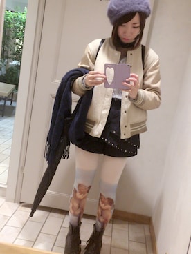 「アイテム（タイツ/ストッキング、ブルー系）」を使った、mokeさん（レディース・153cm）の冬コーディネート