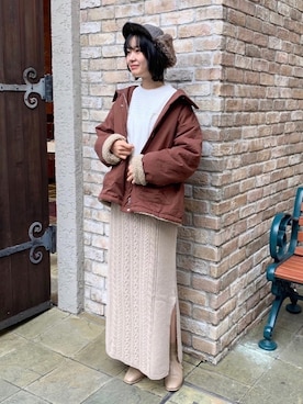 「ケーブルニット」｜「アイテム（マウンテンパーカー）」を使った、Rayさん（レディース・159cm）の冬コーディネート