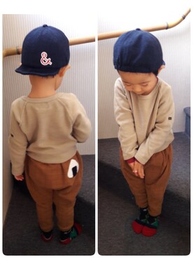 「MARKEY'S（マーキーズ）のアイテム（Tops、ベージュ系）」を使った、TakeMarinさん（キッズ・100cm）の冬コーディネート