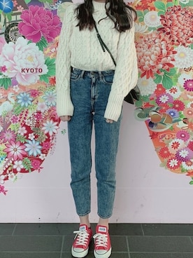 「H&M（エイチ・アンド・エム）のアイテム（ニット/セーター、ホワイト系）」を使った、ra❤︎nna.さん（レディース・170cm）の春コーディネート