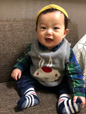 「アイテム（ロンパース、グリーン系）」を使った、RooooMIさん（キッズ・70cm）の冬コーディネート