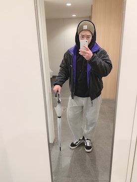 「スウエットパンツ」｜「アイテム（ニットキャップ/ビーニー）」を使った、NAOYAさん（メンズ・172cm）の冬コーディネート