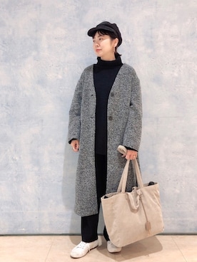 「アイテム（ノーカラーコート、グレー系）」を使った、noriさん（レディース・155cm）の冬コーディネート