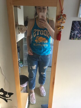 「Roots Canadaのアイテム（トップス）」を使った、JWeiさん（レディース・158cm）の夏コーディネート