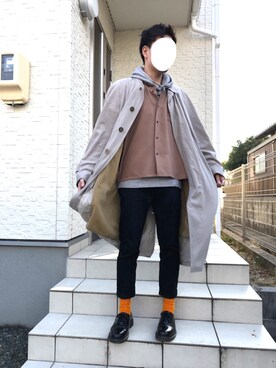 「ソックス」｜「アイテム（ステンカラーコート）」を使った、のすけさん（メンズ・174cm）の冬コーディネート