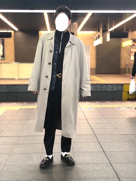 「ビットローファー」｜「アイテム（ステンカラーコート）」を使った、のすけさん（メンズ・174cm）の冬コーディネート