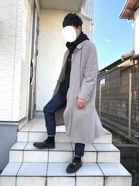 「ビットローファー」｜「アイテム（ステンカラーコート）」を使った、のすけさん（メンズ・174cm）の冬コーディネート