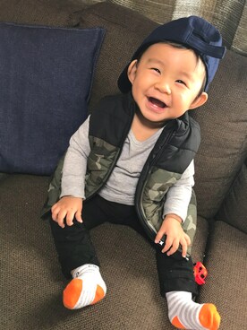 「アイテム（ダウンベスト、その他）」を使った、SORAさん（キッズ・80cm）の秋コーディネート