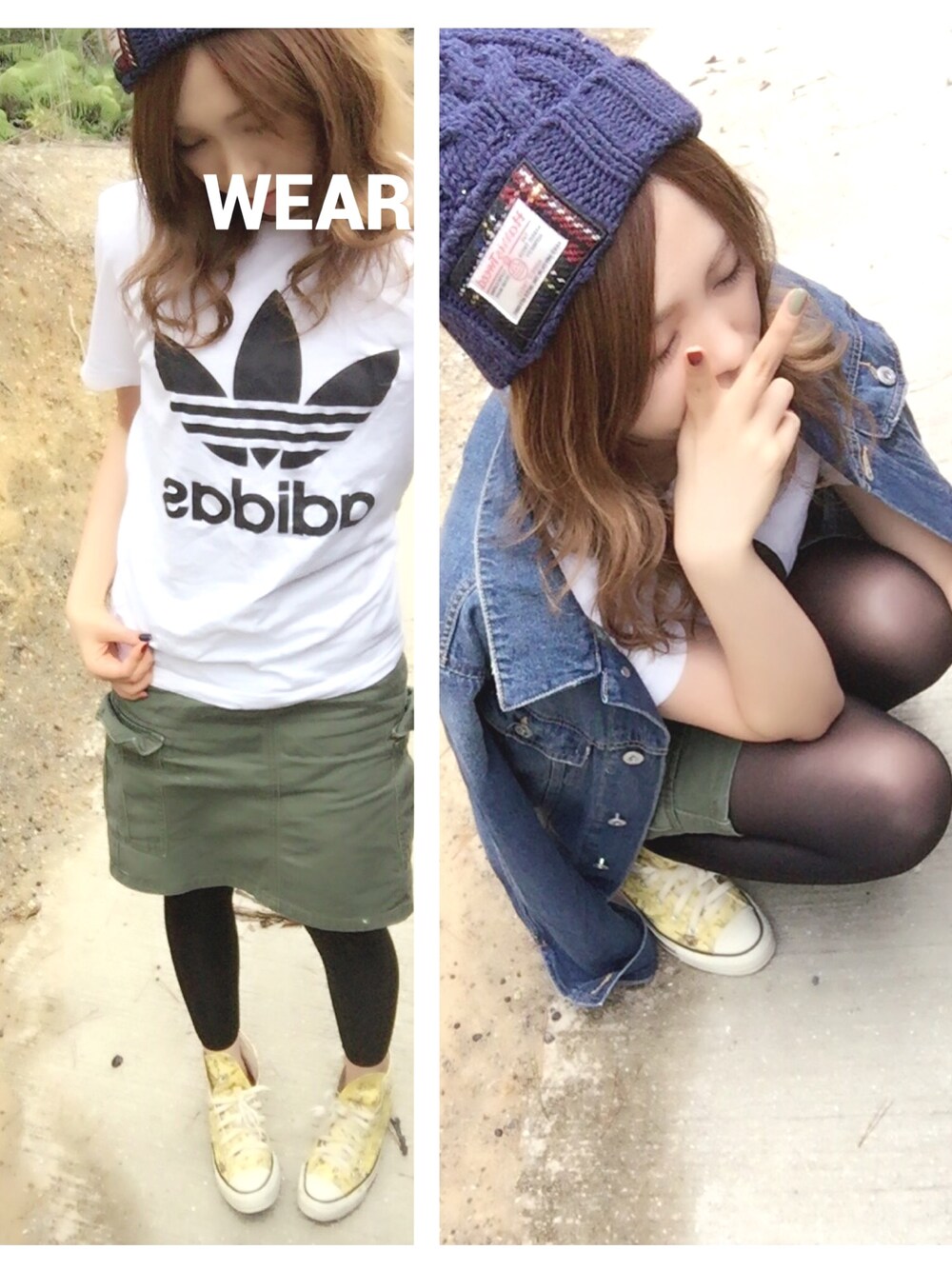 ホワイト系のTシャツ/カットソー、ブルー系のデニムジャケット、グリーン系のスカートを着用したレディースの秋コーディネートの1枚目の写真