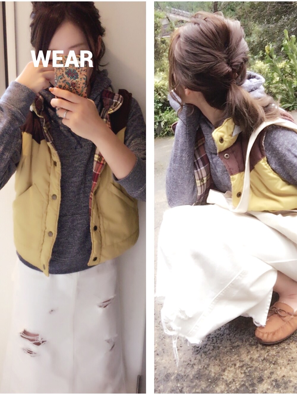 イエロー系のダウンベスト、ブルー系のパーカー、ホワイト系のデニムスカートを着用したレディースの秋コーディネートの1枚目の写真
