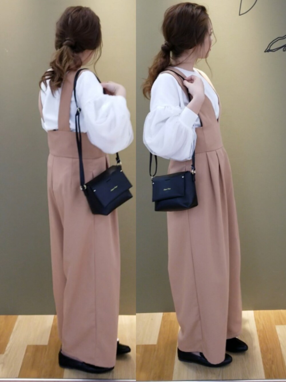 ブラック系のショルダーバッグ、ブラック系のローファー、ホワイト系のTシャツ/カットソーを着用したレディースの冬コーディネートの1枚目の写真