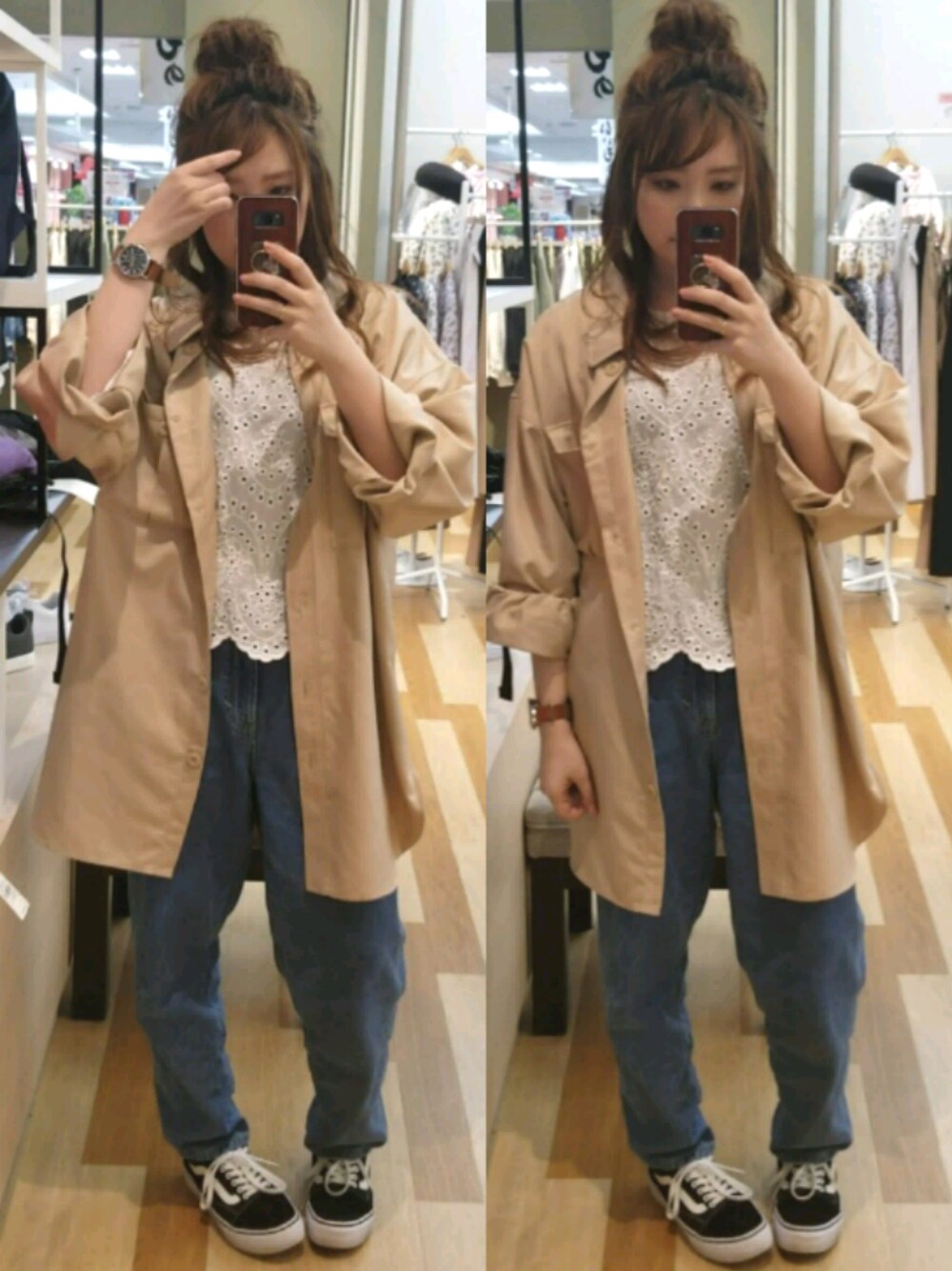 ブルー系のデニムパンツ、ホワイト系のシャツ/ブラウス、ベージュ系のチュニックを着用したレディースの春コーディネートの1枚目の写真