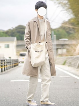 「アイテム（ステンカラーコート）」を使った、たかやさん（メンズ・172cm・20代）の春コーディネート