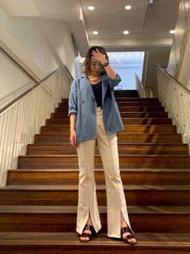 「FREE'S MART（フリーズマート）の麻調合繊七分袖ジャケット（テーラードジャケット、ブルー系）」を使った、kaoriさん（レディース・160cm）の春コーディネート