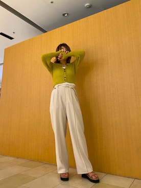 「FREE'S MART（フリーズマート）の◆短丈テープヤーンニットカーディガン（カーディガン/ボレロ、イエロー系）」を使った、kaoriさん（レディース・160cm）の春コーディネート