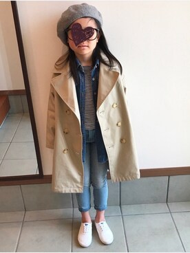「GU（ジーユー）のアイテム（トレンチコート）」を使った、ariri0514さん（キッズ・120cm）の春コーディネート