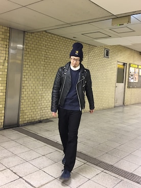 「大阪」｜「アイテム（ライダースジャケット）」を使った、ヒラヤマ(Team Double)さん（メンズ・173cm）の秋コーディネート