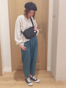 「ハイウエストパンツ」｜「アイテム（ハンチング/ベレー帽）」を使った、さ く ら さん（レディース・163cm）の春コーディネート