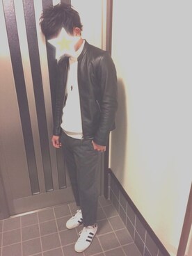 「寒い」｜「アイテム（ライダースジャケット）」を使った、す〜さん（メンズ・174cm）の冬コーディネート