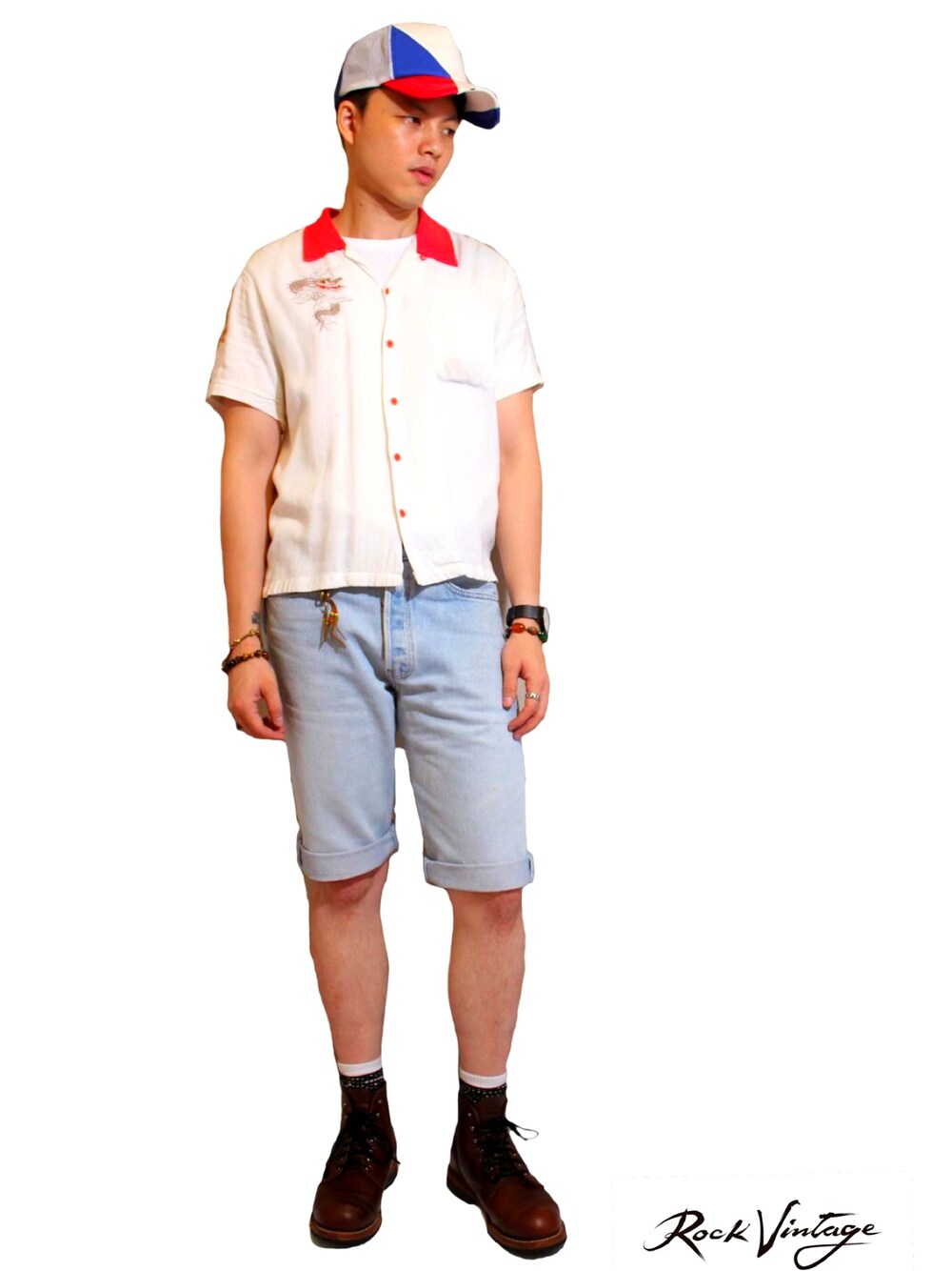 「ootd、summer、denim、streetstyle、shirts、vintage、古着」｜「Thorogoodのアイテム（ブーツ、ブラウン系）」を使った、TonyHsuさん（メンズ・177cm）の春コーディネートの1枚目の写真