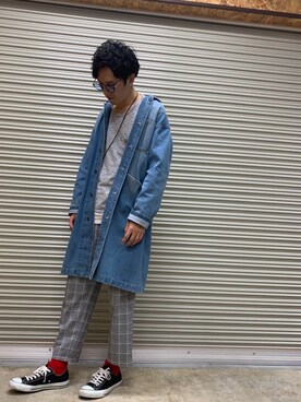 「ワンポイント」｜「アイテム（トレンチコート）」を使った、MINO   YAMAさん（メンズ・182cm）の秋コーディネート