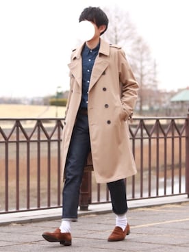 「ネイビーコーデ」｜「アイテム（トレンチコート）」を使った、howellさん（メンズ・175cm）の冬コーディネート