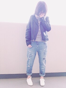「CIAOPANIC TYPY（チャオパニックティピー）のアイテム（ライダースジャケット）」を使った、ゆあ。さん（レディース・158cm）の冬コーディネート