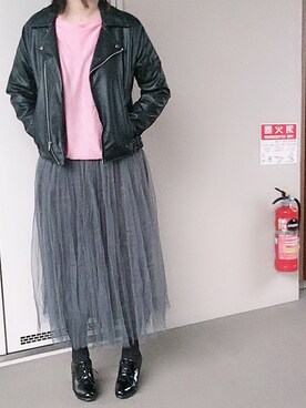 「CIAOPANIC TYPY（チャオパニックティピー）のアイテム（ライダースジャケット）」を使った、ゆあ。さん（レディース・158cm）の冬コーディネート