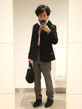 「ツイードパンツ」｜「アイテム（ハンドバッグ）」を使った、はなまるさん（メンズ・172cm）の冬コーディネート