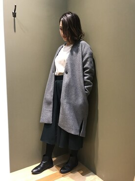 「ノーカラー」｜「アイテム（ダウンジャケット/コート）」を使った、ちゃーこさん（レディース・160cm）の秋コーディネート