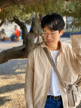 「plain-me（プレインミー）のアイテム（ショルダーバッグ）」を使った、Jackson さん（メンズ・172cm）の冬コーディネート