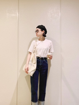 「Tシャツ×デニム」｜「アイテム（ハンチング/ベレー帽）」を使った、Kanocoさん（レディース・170cm）の秋コーディネート