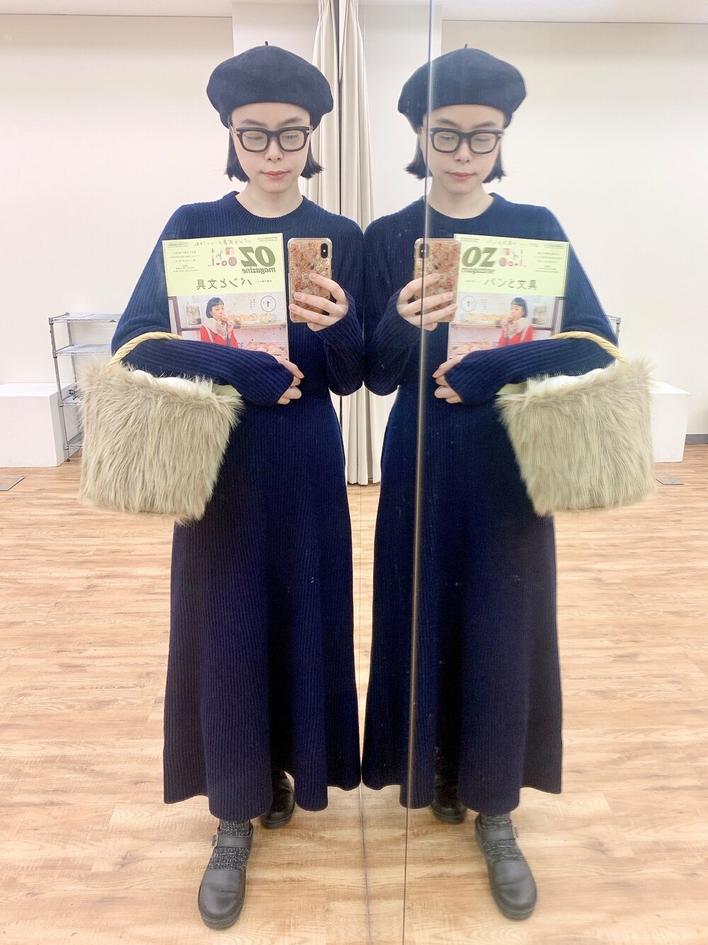 「冬、ベレー帽、ベレー帽×メガネ、ニットワンピース、ニットワンピ、シンプル、かごバッグ、高身長女子、ワンピース、ワントーンコーデ」｜「VERMEIL par ienaのハイネックワンピース◆（ワンピース、ブルー系）」を使った、Kanocoさん（レディース・170cm）の冬コーディネートの1枚目の写真