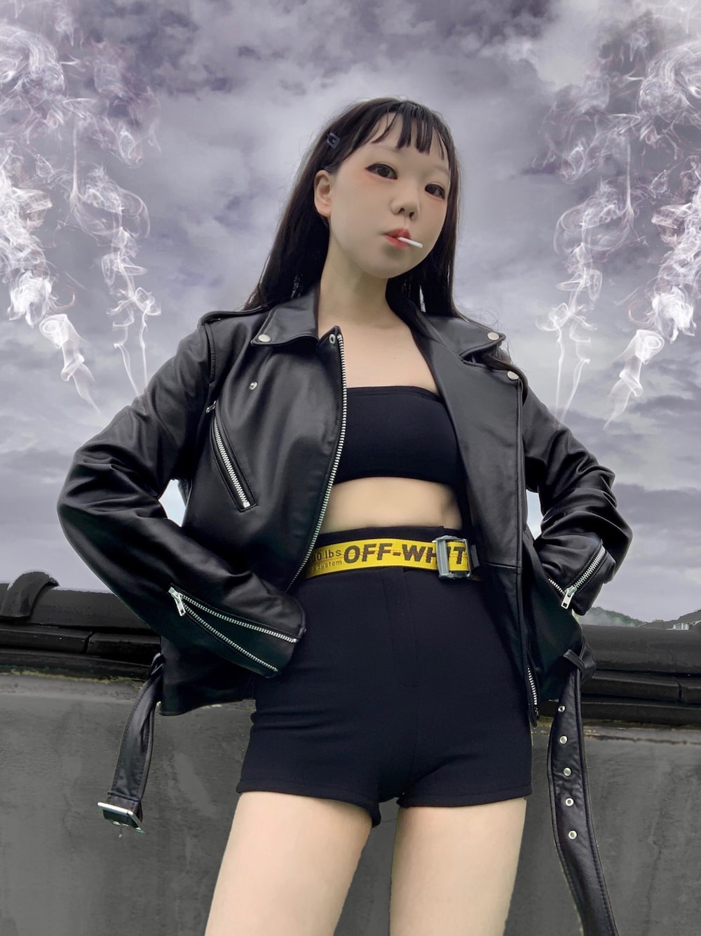 「90’s、off white、VIVASTUDIO、korea、Japan、street、streetstyle、korean fashion、TOKYO、harajuku」｜「off whiteのアイテム（ベルト、イエロー系）」を使った、gyu.2さん（レディース・162cm）の秋コーディネートの1枚目の写真