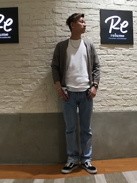 「JOURNAL STANDARD relume（ジャーナルスタンダード　レリューム）のラミーナイロンプレーティング7分袖カーディガン#（カーディガン/ボレロ、ブラウン系）」を使った、yusukeさん（メンズ・176cm）の春コーディネート