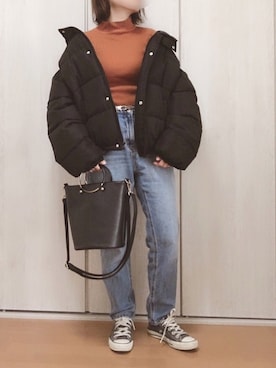 「リブタートルネック」｜「アイテム（ダウンジャケット/コート）」を使った、MAIさん（レディース・152cm）の冬コーディネート