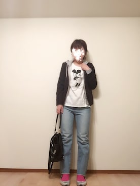 「フレアデニム」｜「アイテム（ノーカラージャケット）」を使った、yuuuさん（レディース・156cm）の春コーディネート